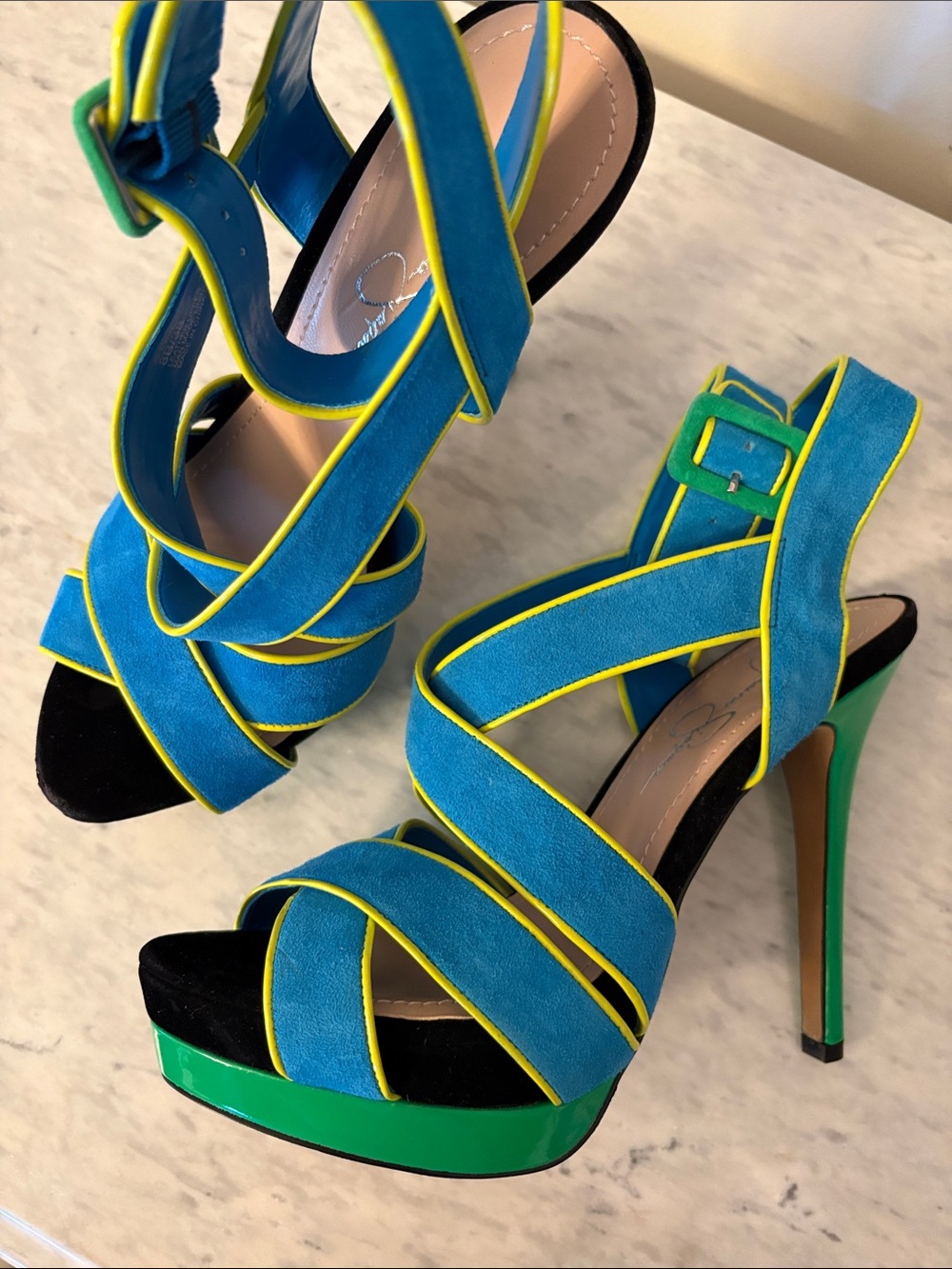 Jessica Simpson Turquoise & Green Strappy Suede Platform Heels Yellow Trim 8/38 - Picture 14 of 15